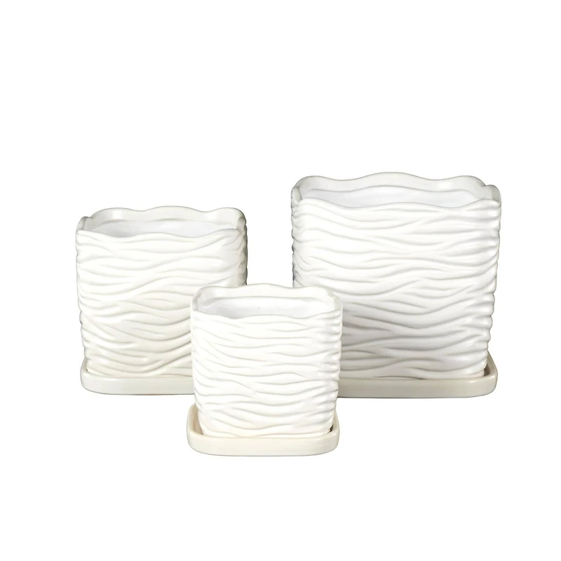 White Wavy Ribbed Ceramic Planter Set