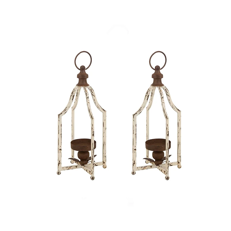 16.5" Modern Farmhouse White & Brown Metal Candle Lantern Set