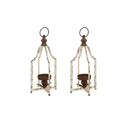 16.5" Modern Farmhouse White & Brown Metal Candle Lantern Set