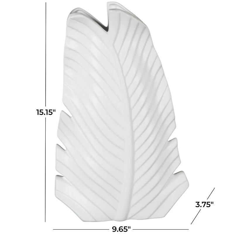15" White Ceramic Palm Leaf Vase