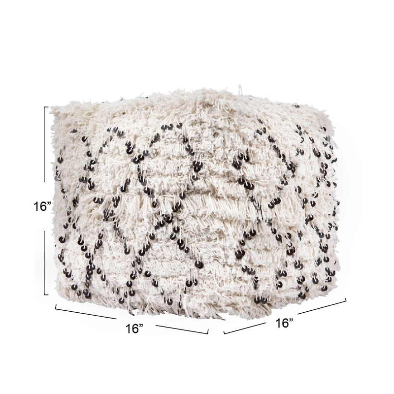 Hello Honey® 16" White Moroccan Wedding Quilt Pouf with Fringe & Sequins