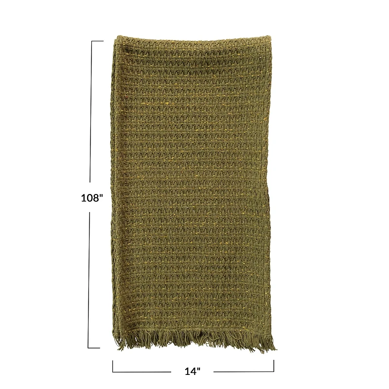 Hello Honey® 108" Green Woven Cotton Table Runner with Metallic Gold Thread & Fringe