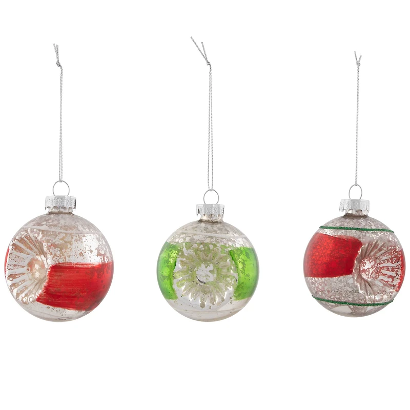 9ct. 3.25" 2-Finish Silver, Red & Green Glass Ornaments