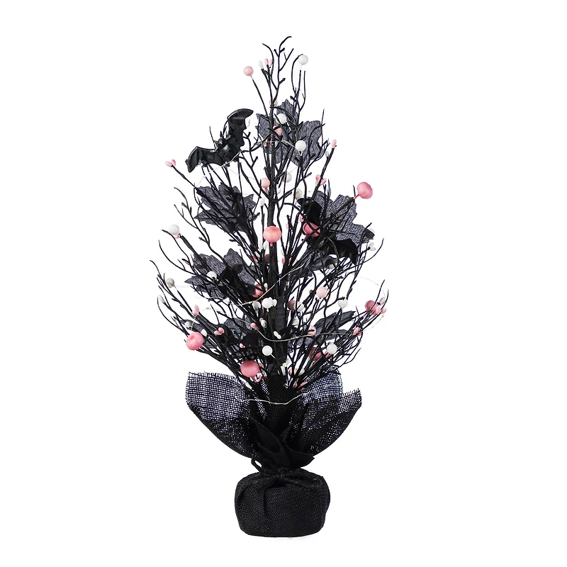 Glitzhome® 20"H Lighted Black and Pink Halloween Berries Table Tree
