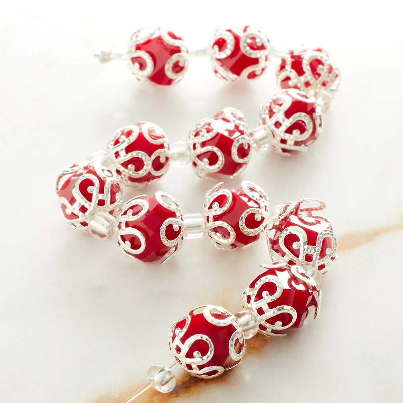 Red Faceted Glass Bead With Bead Cap, 10mm by Bead Landing™