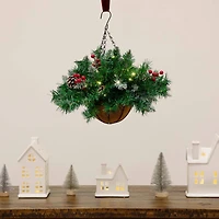 16" Artificial Pine & Berry Warm White LED Pre-Lit Hanging Basket