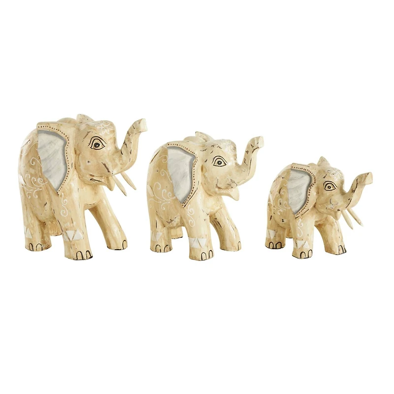 Light Brown Wood Elephant Handmade Sculpture Set, 3ct.