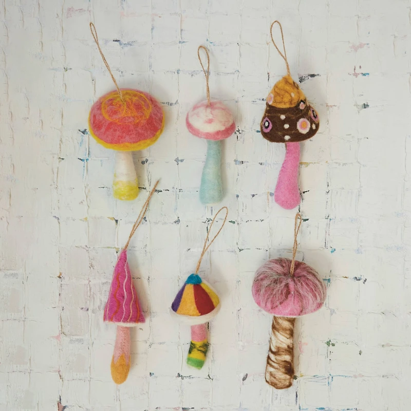 Hello Honey® 6 Pack 7.5" Handmade Wool Felt Mushroom Ornaments
