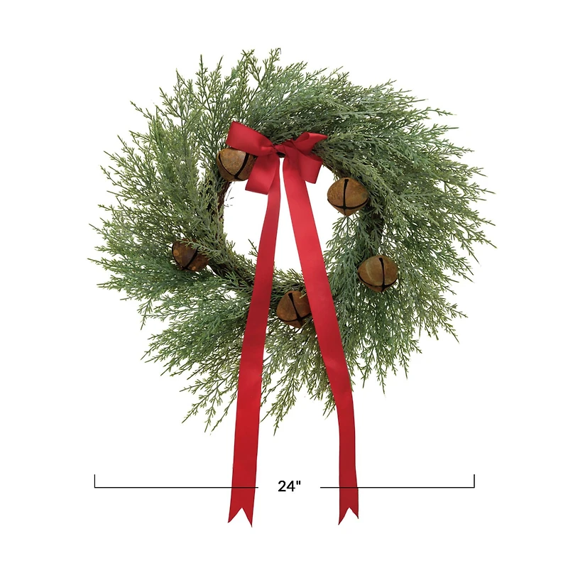 Hello Honey® 24" Round Mixed Pine Wreath with Red Ribbon & Rust Finish Metal Bells