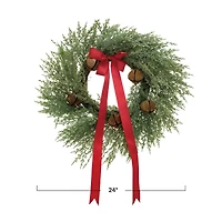 Hello Honey® 24" Round Mixed Pine Wreath with Red Ribbon & Rust Finish Metal Bells