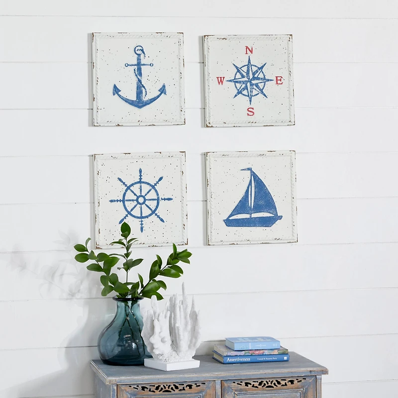 Set of 4 White Metal Coastal Wall Decor, 12" x 12"