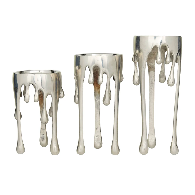 Silver Aluminum Contemporary Candle Holder, Set of 3" 12", 10", 8"
