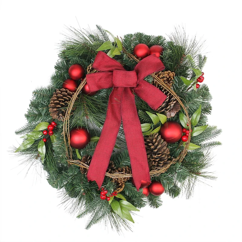 24" Red Ball Ornaments & Pinecones Artificial Pine Wreath