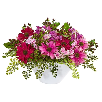 10" Pink Daisy Arrangement in White Vase