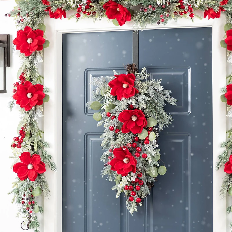 Glitzhome® 28"H Christmas Red Mangnolia & Berry Teardrop