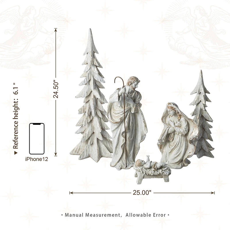 Glitzhome® 5-Piece White & Gold Resin Holy Family with Christmas Trees Set