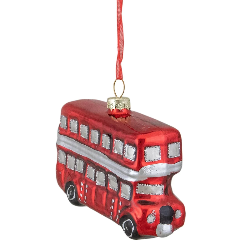 4" Shiny Metallic Red & Silver Glass Double Decker Bus Christmas Ornament
