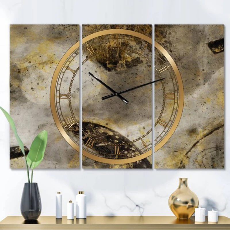 Designart Glam Gold Desert Neutral Modern 3 Panel Wall Clock