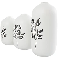 White Ceramic Vase with Black Leaf & Berry Prints Set