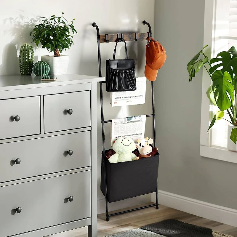 NEX™ 55" Decorative Ladder with 5 Hanging Hooks & Basket