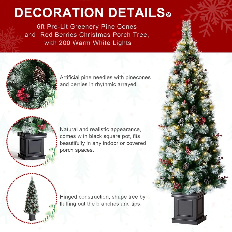 6ft. Pre-Lit Greenery Pinecones & Red Berries Artificial Christmas Porch Tree, Warm White LED Lights