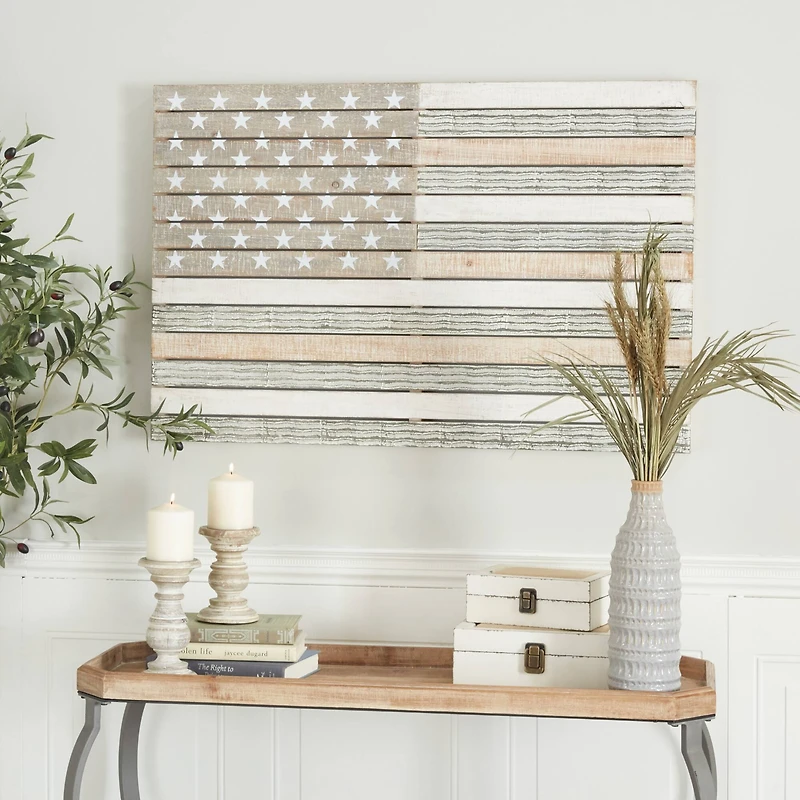 White Wood French Country American Flag Wall Decor, 26" x 38" x 2"