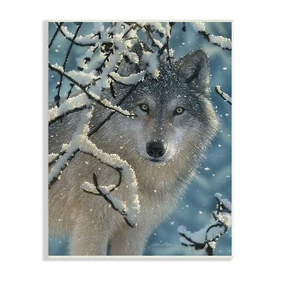 Stupell Industries Wolf Behind Snowy Branches Winter Wild Forest Animal Wall Plaque