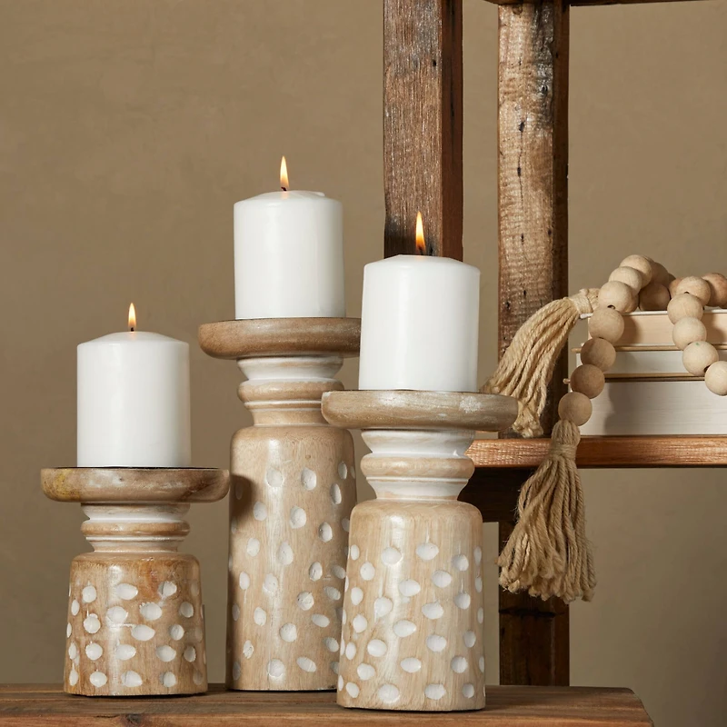 Light Brown Wood Carved Dotted Pillar Candle Holder Set