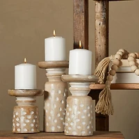 Light Brown Wood Carved Dotted Pillar Candle Holder Set
