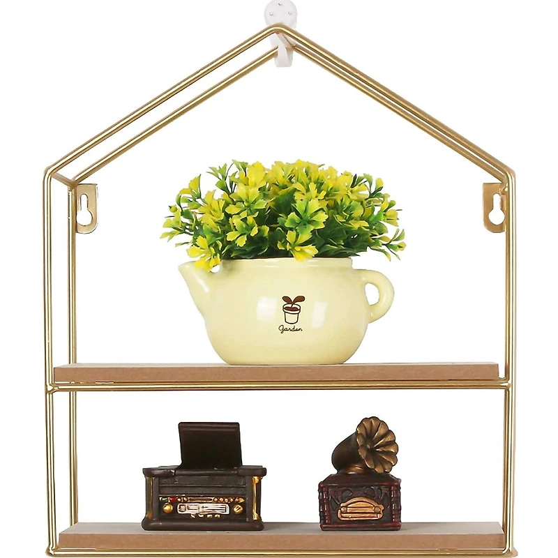 NEX™ Gold 2-Tier Iron House Floating Wall Shelf