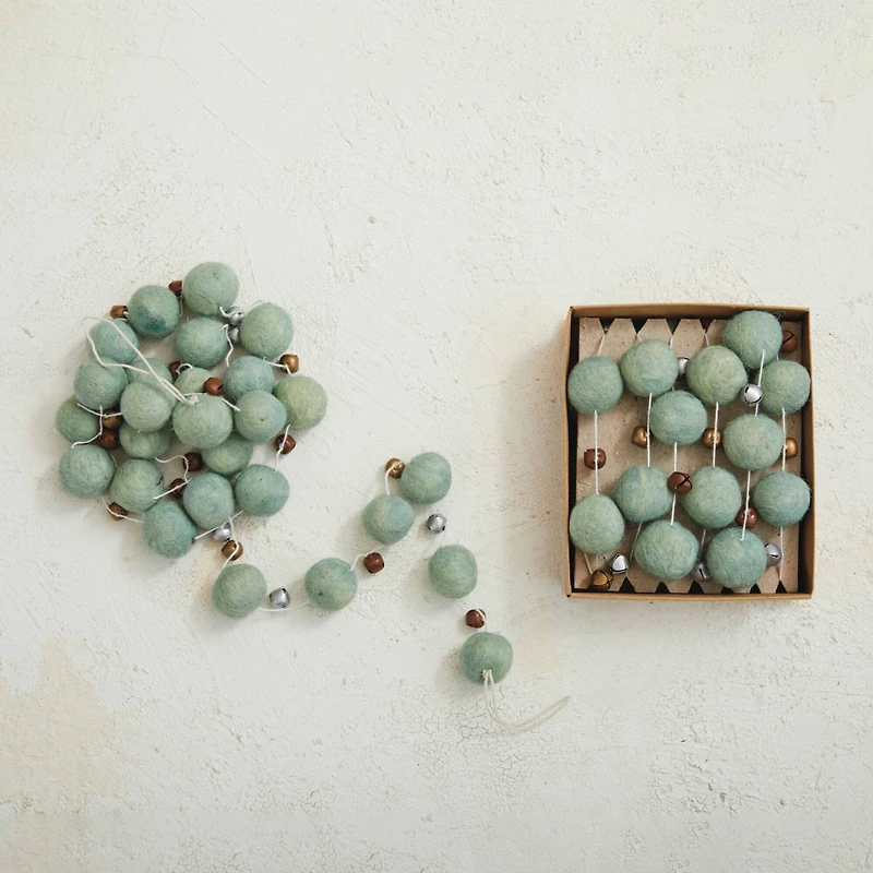 Hello Honey® 6ft. Mint Handmade Wool Felt Ball & Jingle Bells Garland