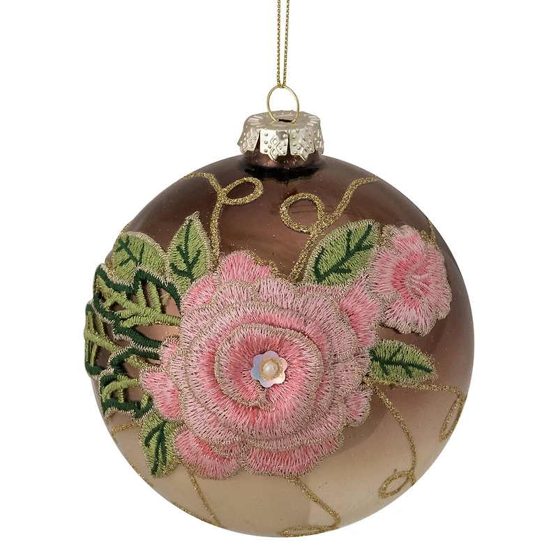 5" 2-Finish Brown & Pink Floral Applique Glass Ball Ornament