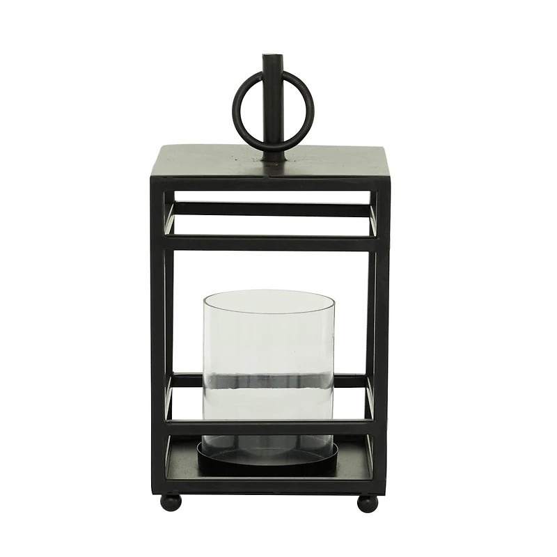 Black Iron Contemporary Candle Holder Lantern, 16" x 8" x 8"