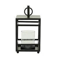 Black Iron Contemporary Candle Holder Lantern, 16" x 8" x 8"
