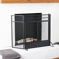 29" Tall Black Metal 3 Panel 2 Door Fireplace Screen with Mesh Backing