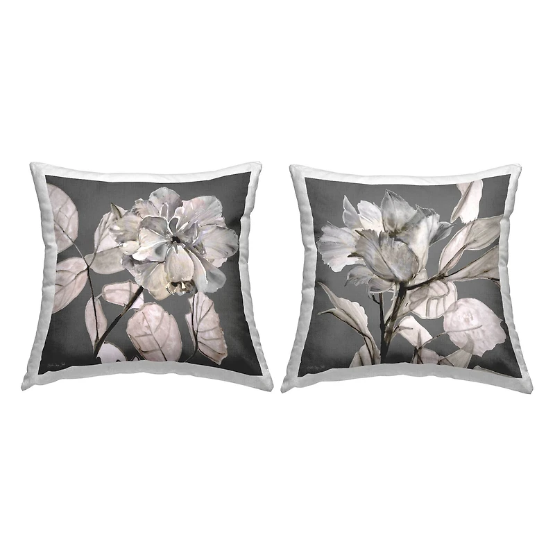 Stupell Industries Gray Floral Close Up Neutral Flowers 2 Pillows, Each 18" x 18"