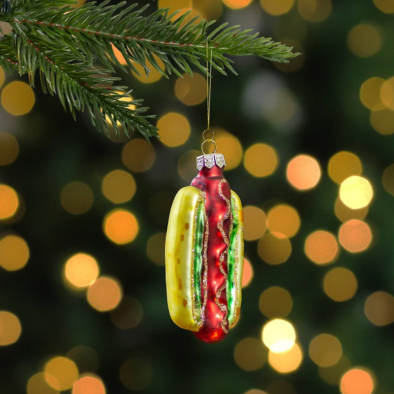 4" Hot Dog in a Bun Glass Ornament