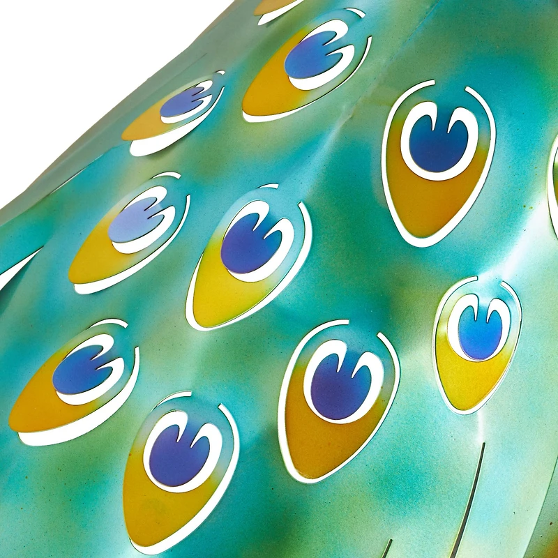 Blue Metal Peacock Decorative Garden Sculpture with Gold Legs and Teal Wings