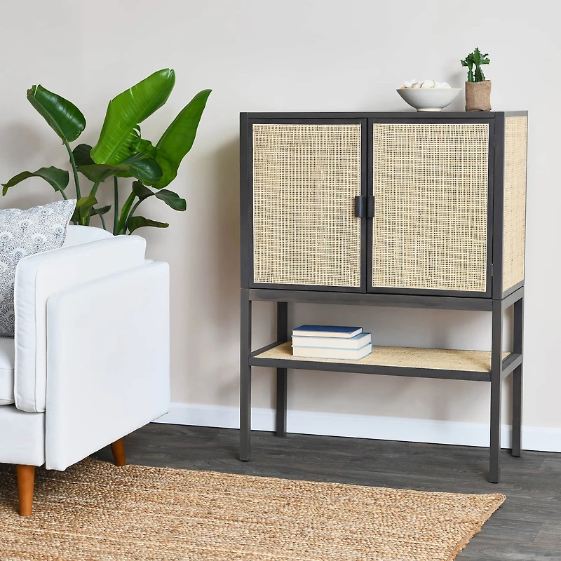 Hello Honey® 47" Boho Woven Rattan and Wood Cabinet with Doors, Shelf