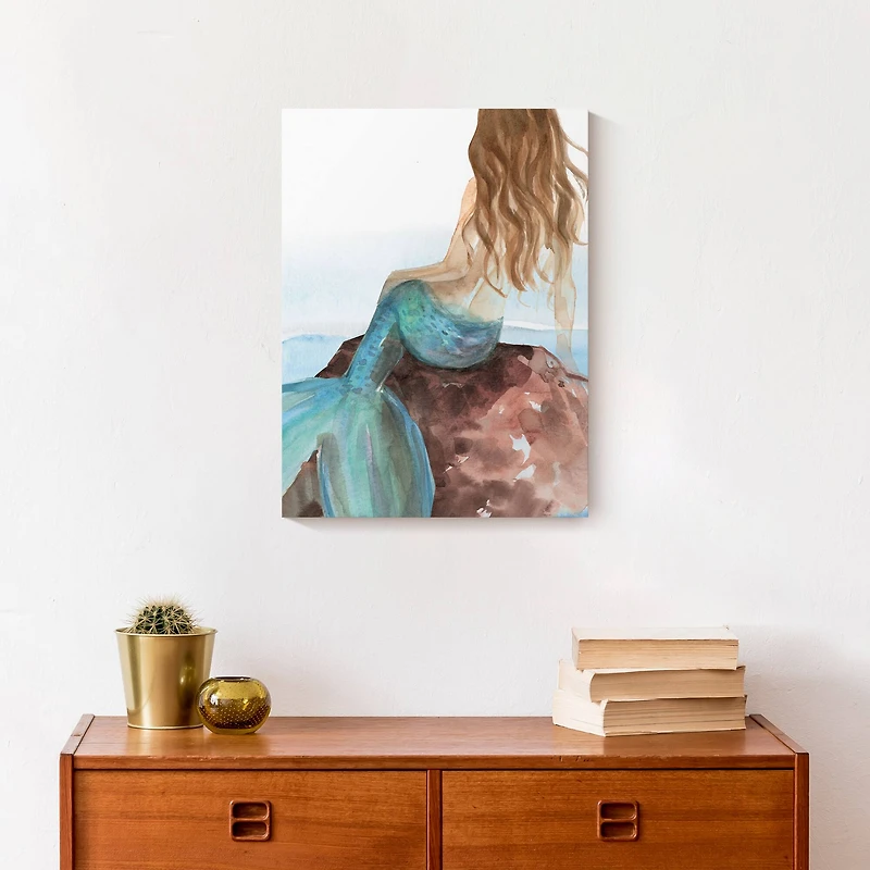 Mermaid On A Rock 12" x 16" Canvas Wall Art