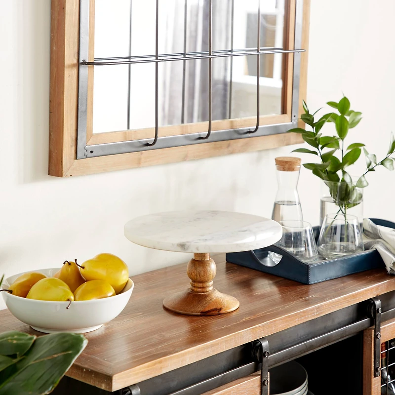 12" White Marble & Natural Wood Serving Tray