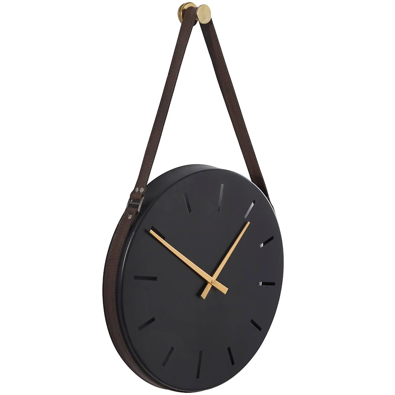 27" Black Stainless Steel Wall Clock with Leather Hanging Straps