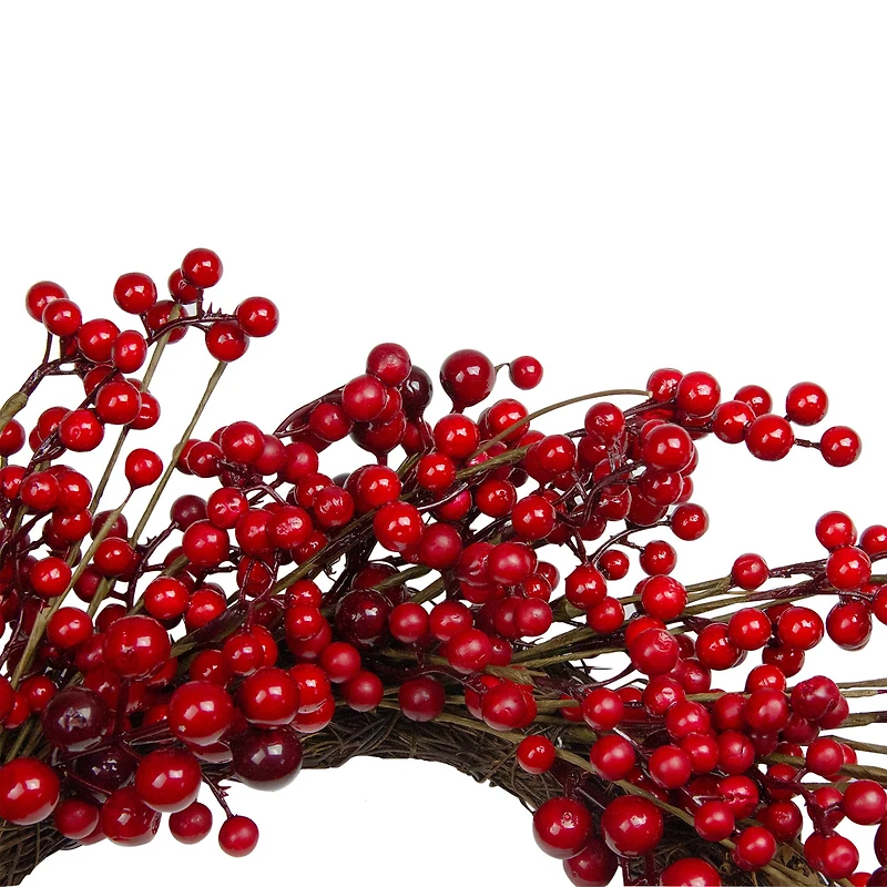 20" Shiny Red Berry Artificial Wreath with Brown Twig Accents, Unlit