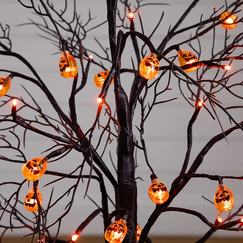 3ft. Pre-Lit Artificial Halloween Black Twig Tree with 18 Orange LED Pumpkin Shaped Lights