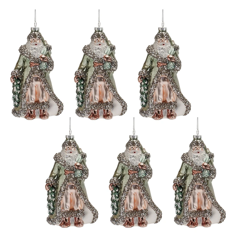 8" Glittered Green Glass Santa Ornaments, 6ct.