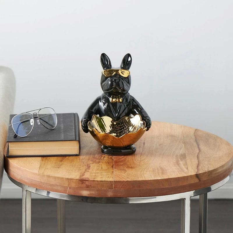 8" Black Ceramic Bulldog Sculpture with Gold Accents