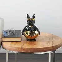 8" Black Ceramic Bulldog Sculpture with Gold Accents