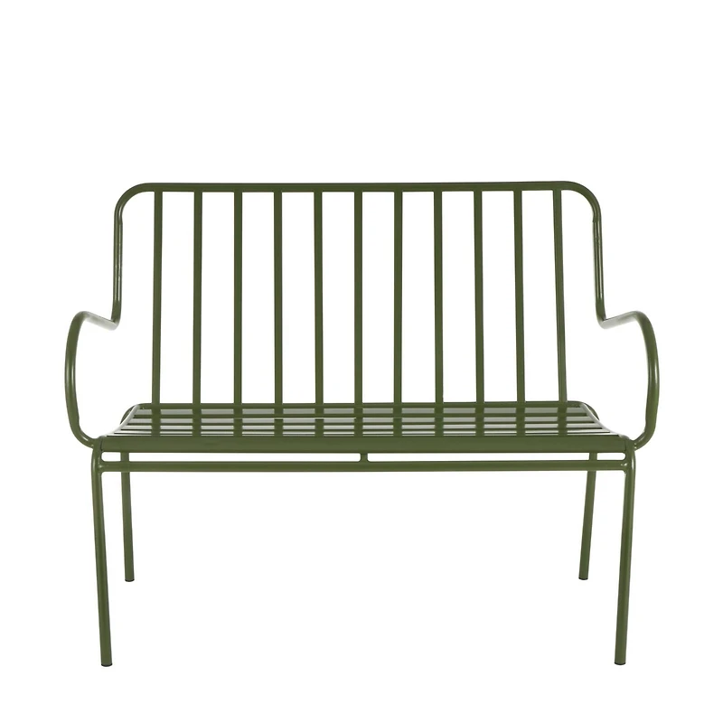 44.25" Green Metal Slatted Outdoor Bench with Curved Armrests
