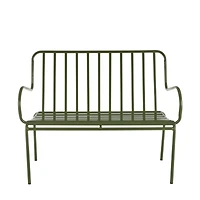 44.25" Green Metal Slatted Outdoor Bench with Curved Armrests