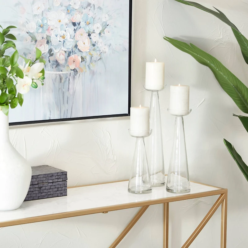 The Novogratz Set of 3 Clear Glass Contemporary Candle Holder, 3" x 3" x 3"